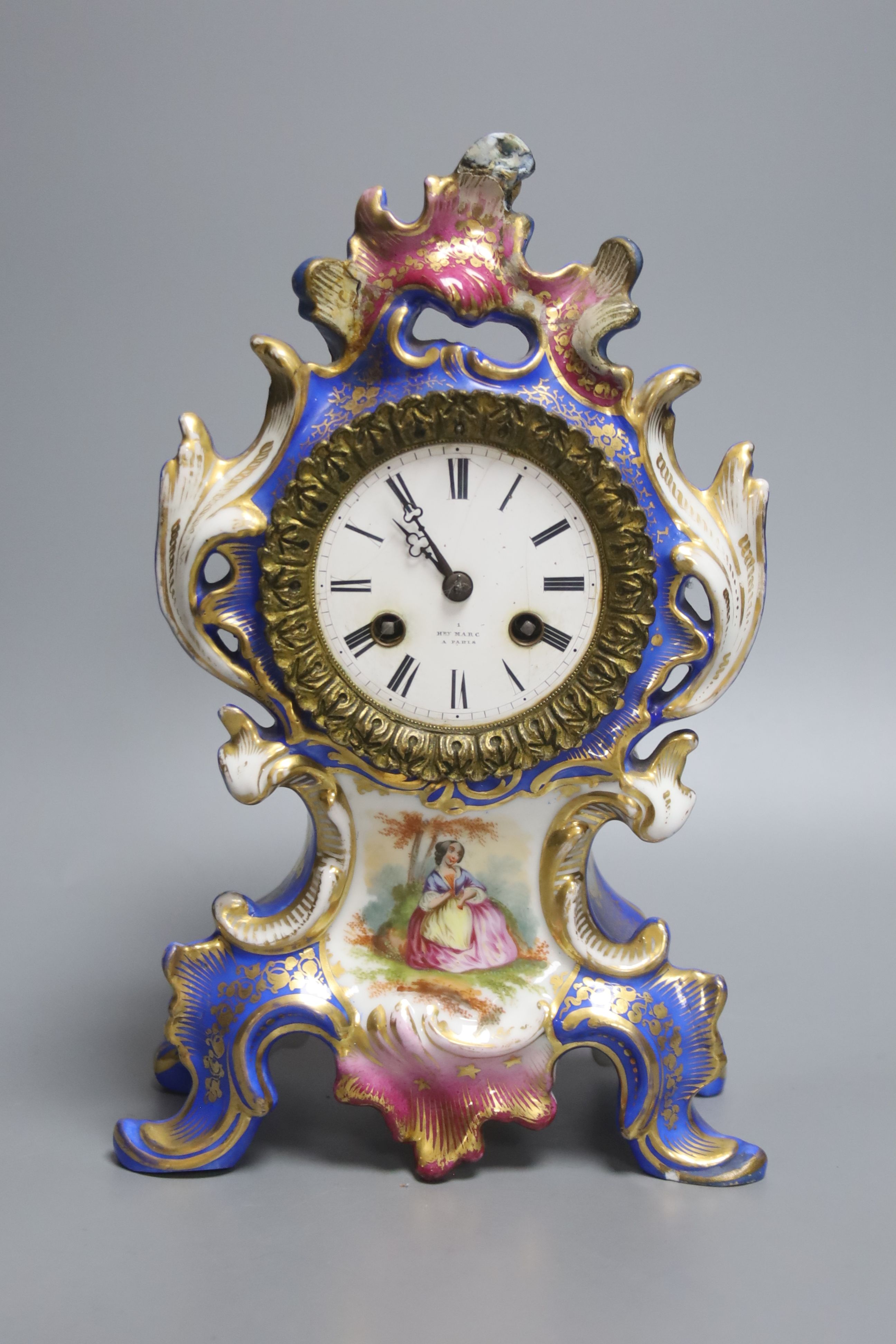 Henry Marc. A porcelain mantel clock, height 27cm